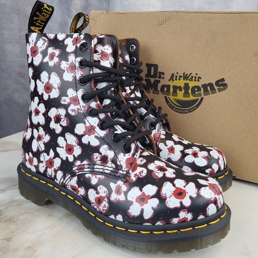 Dr. Martens PASCAL Floral 8 Eye Lace Up Boots Women's Size 6 Black Red Purple